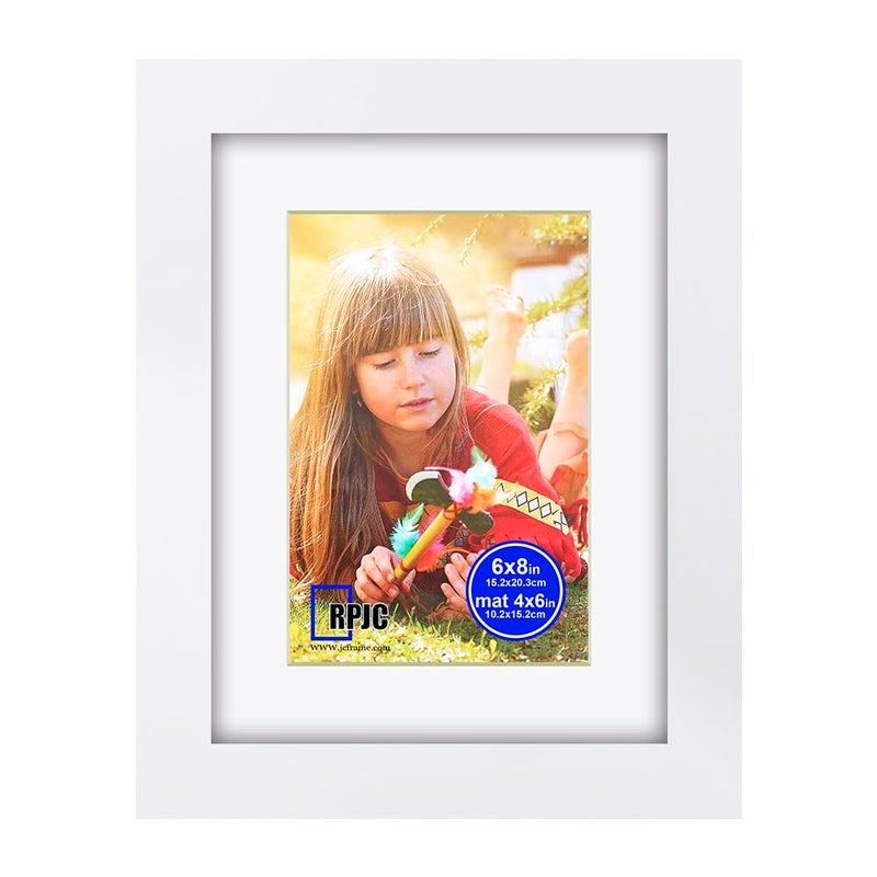 RPJC 6x8 inch Picture Frame Made of Solid Wood and High Definition Glass Display Pictures 4x6 with Mat or 6x8 Without Mat for Wall Mounting Photo Frame White - Image 1